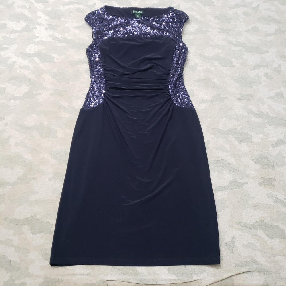 Lauren Ralph Lauren Dress Womens 8 Blue Sequin Ruched Sheath Cocktail Event